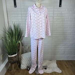 Vintage Carriage Court White Pink Floral Flannel Pajama Set Size Medium